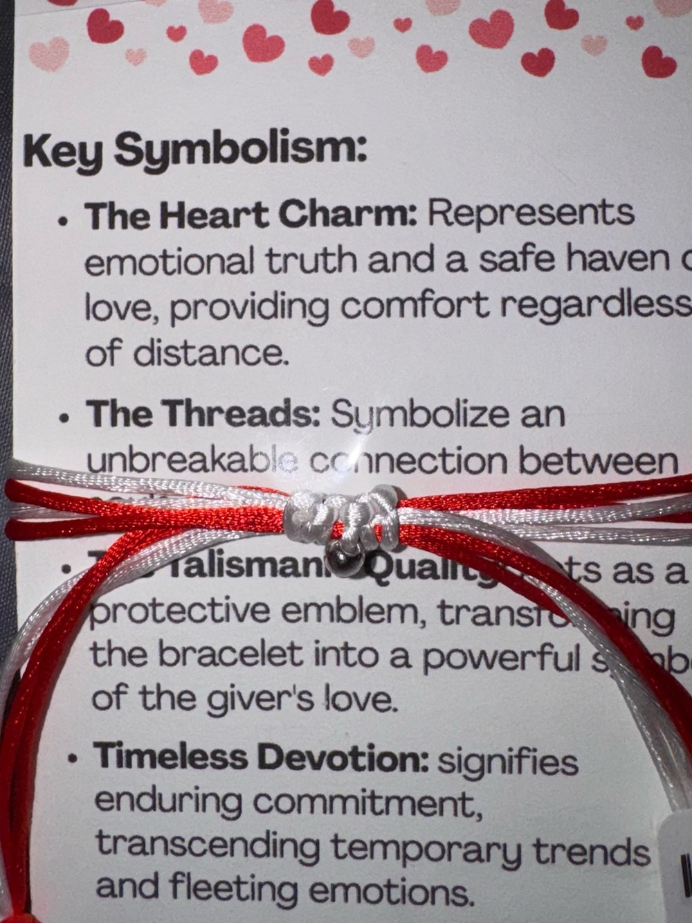 Red and White Heart Thread Bracelet with Knot Charm